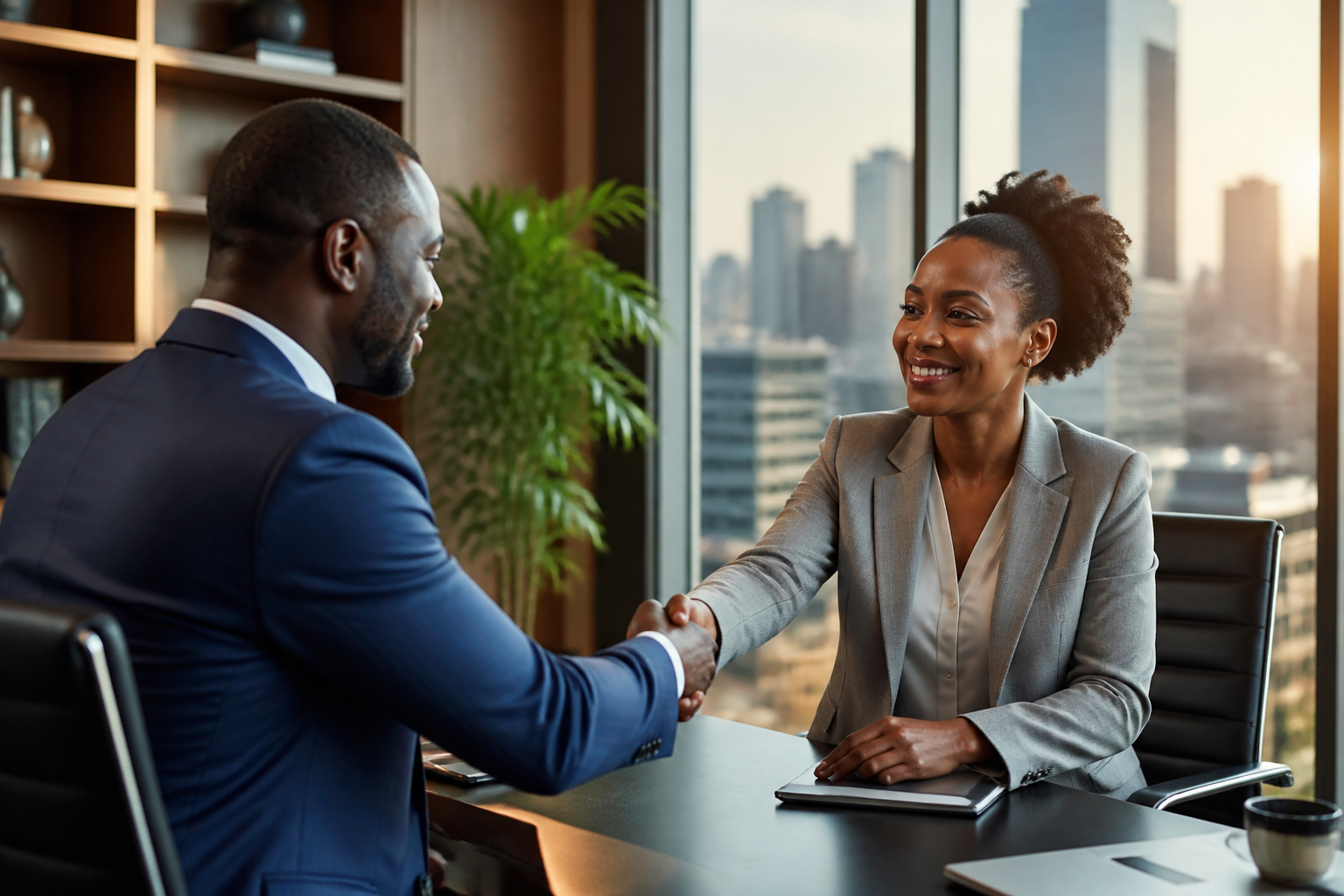 Two African business leaders shaking hands on a partnership